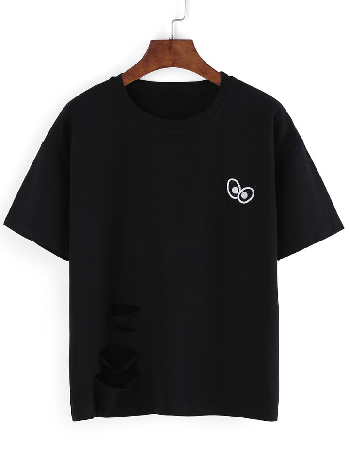 Shein Contrast Embroidered Black T-shirt