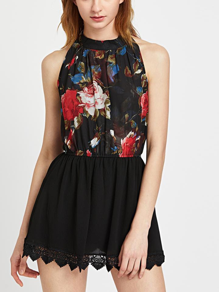 Shein Florals Halterneck Keyhole Back Crochet Lace Trim Skirt Romper