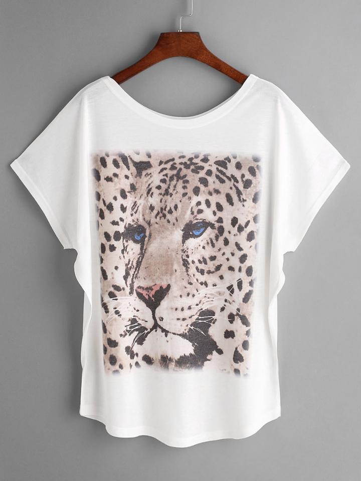 Shein White Leopard Print Dolman Sleeve T-shirt
