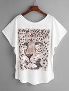 Shein White Leopard Print Dolman Sleeve T-shirt