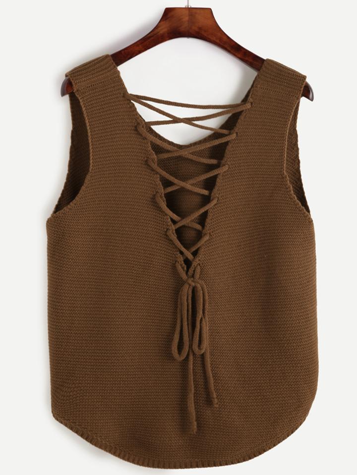 Shein Khaki Lace Up Dip Hem Sweater