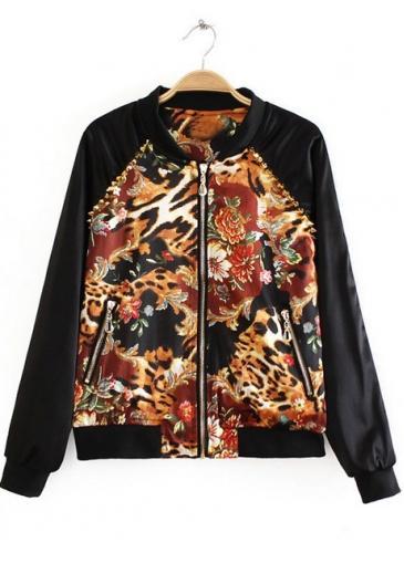 Rosewe Retro Flowers Print Zipper Closure Mandarin Collar Jackets