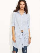 Shein Blue Vertical Striped Tie Front Long Blouse