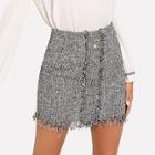 Shein Button Front Frayed Tweed Skirt