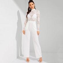 Shein Contrast Lace Mock-neck Sheer Jumpsuit