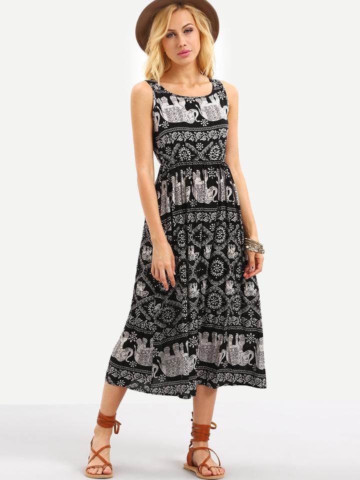Shein Tribal Print Elastic Waist Sleeveless Dress - Black
