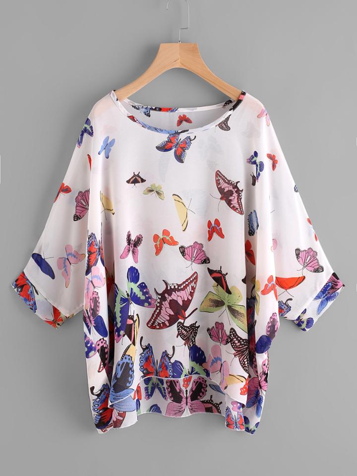Shein Dolman Sleeve Butterfly Print Dip Hem Chiffon Blouse