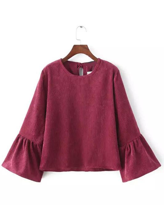 Shein Burgundy Bell Sleeve Crop Corduroy Blouse