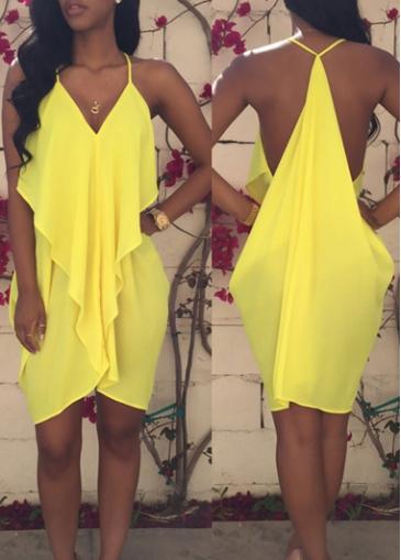 Rosewe V Neck Ruffle Decorated Chiffon Dress