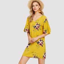 Shein Butterfly Sleeve Floral Print Dress