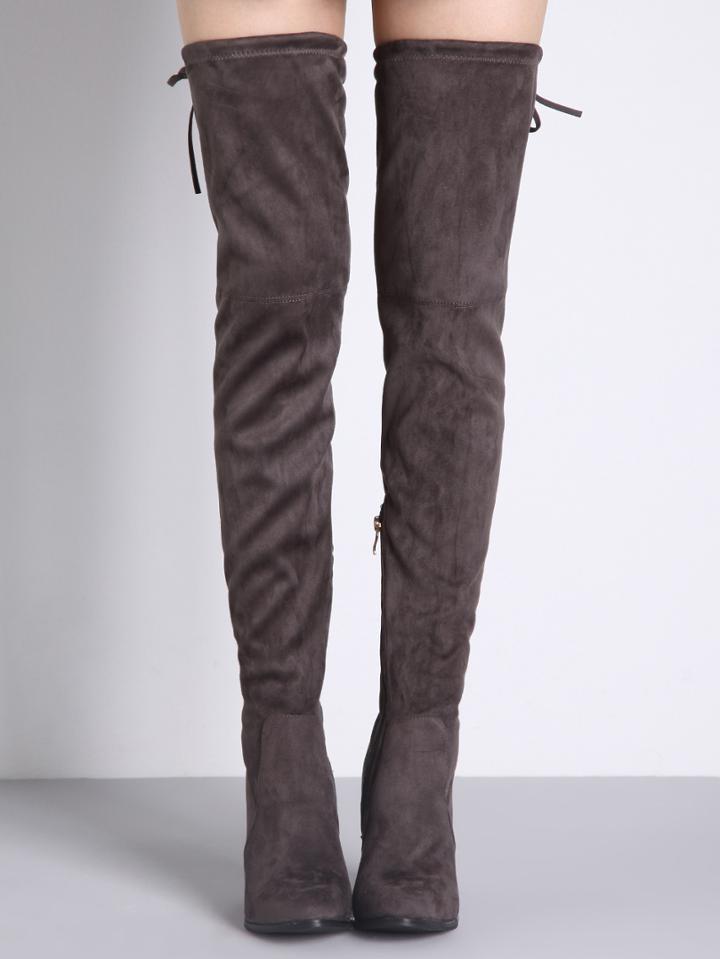Shein Grey Lace Up Over The Knee High Heeled Boots