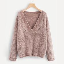Shein V Neck Rolled Cuff Chenille Jumper