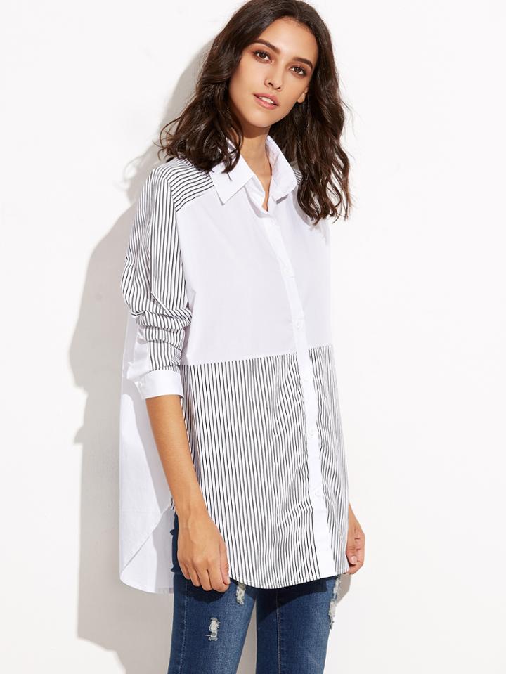 Shein White Contrast Striped Curved Hem Shirt