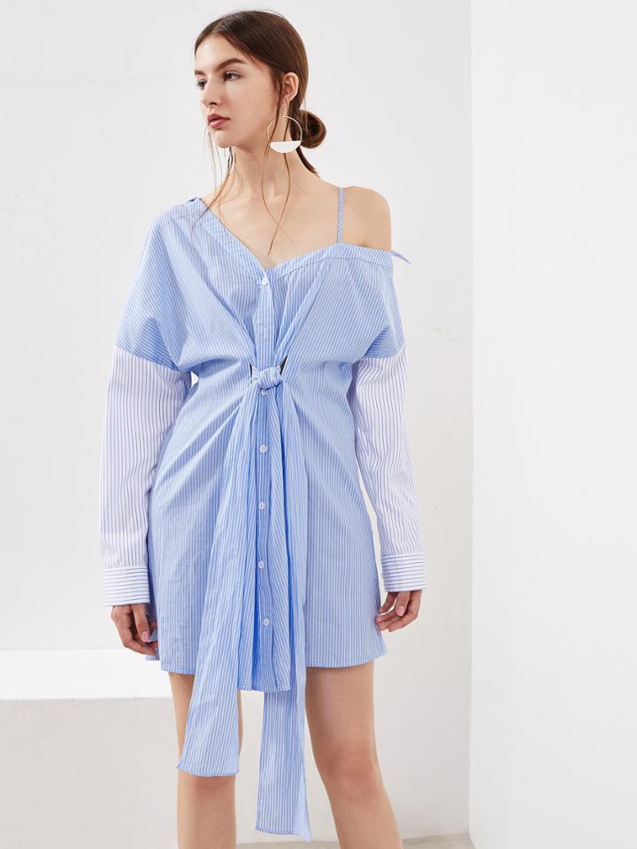 Shein Asymmetric Shoulder Contrast Sleeve Pinstripe Shirt Dress