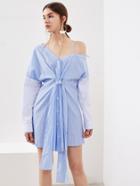 Shein Asymmetric Shoulder Contrast Sleeve Pinstripe Shirt Dress