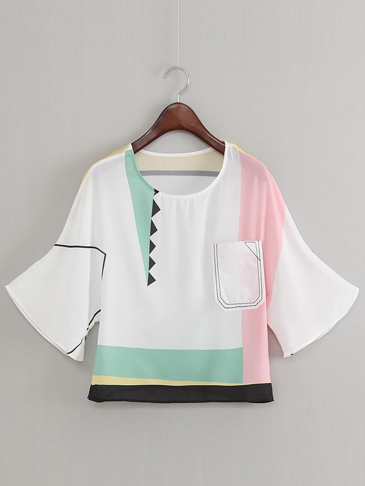Shein Multicolor Bell Sleeve Pocket Chiffon Blouse