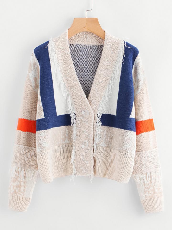 Shein Contrast Panel Drop Shoulder Fringe Trim Sweater