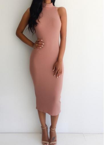 Rosewe Pink Mid Calf High Neck Bodycon Dress