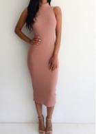 Rosewe Pink Mid Calf High Neck Bodycon Dress