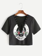 Shein Black Printed V Neck Lace Up Crop T-shirt
