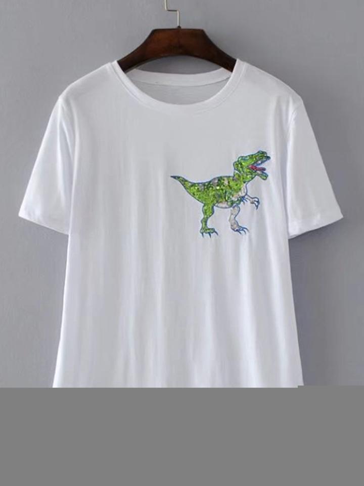 Shein Dinosaur Embroidered Sequin Detail Tee