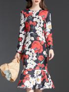 Shein Multicolor Round Neck Long Sleeve Print Fishtail Dress