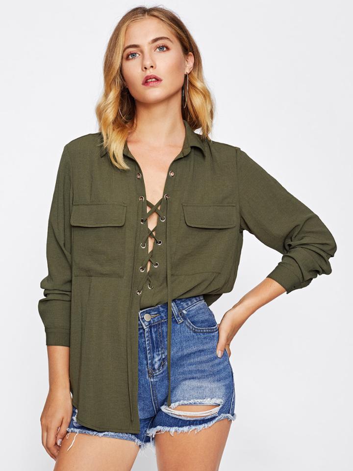 Shein Eyelet Lace Up Placket Equipment Blouse