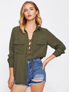 Shein Eyelet Lace Up Placket Equipment Blouse