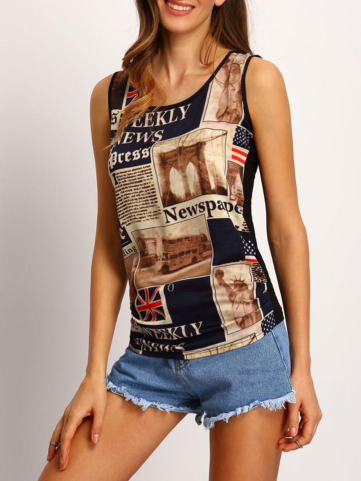 Shein Multicolor Round Neck Newspaper Print Tank Top
