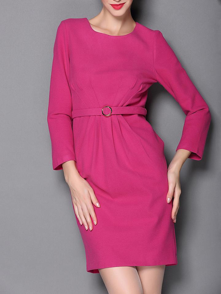 Shein Rose Red Boat Neck Length Sleeve Drawstring Pockets Dress