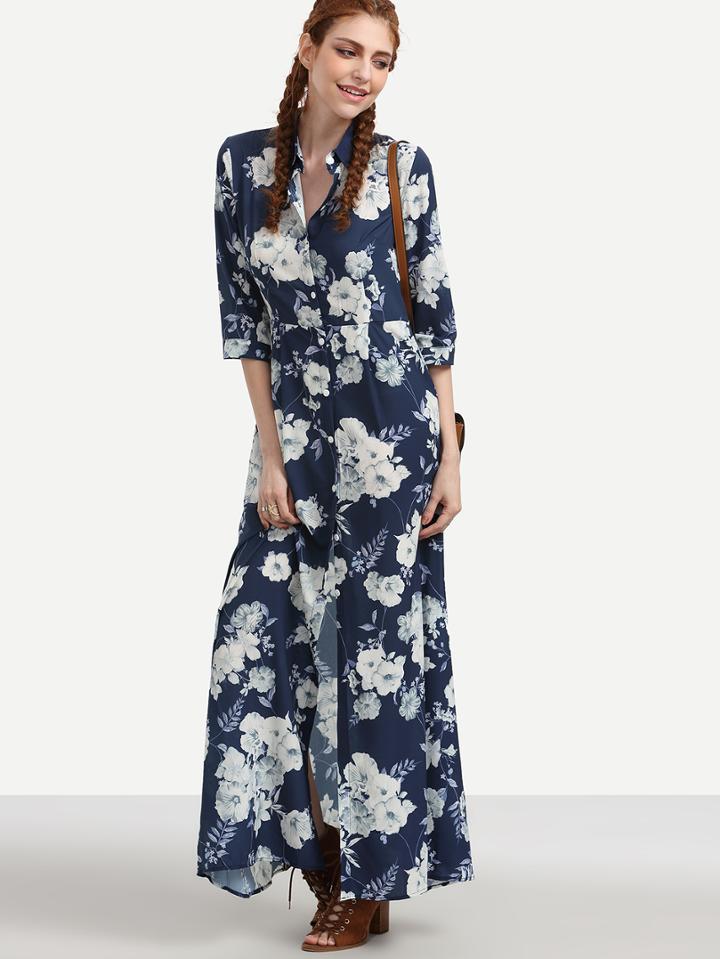Shein Navy Flower Print Maxi Shirt Dress