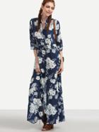 Shein Navy Flower Print Maxi Shirt Dress