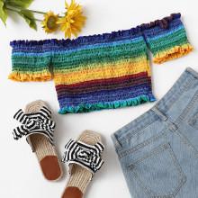 Shein Frill Detail Shirred Rainbow Stripe Bardot Top