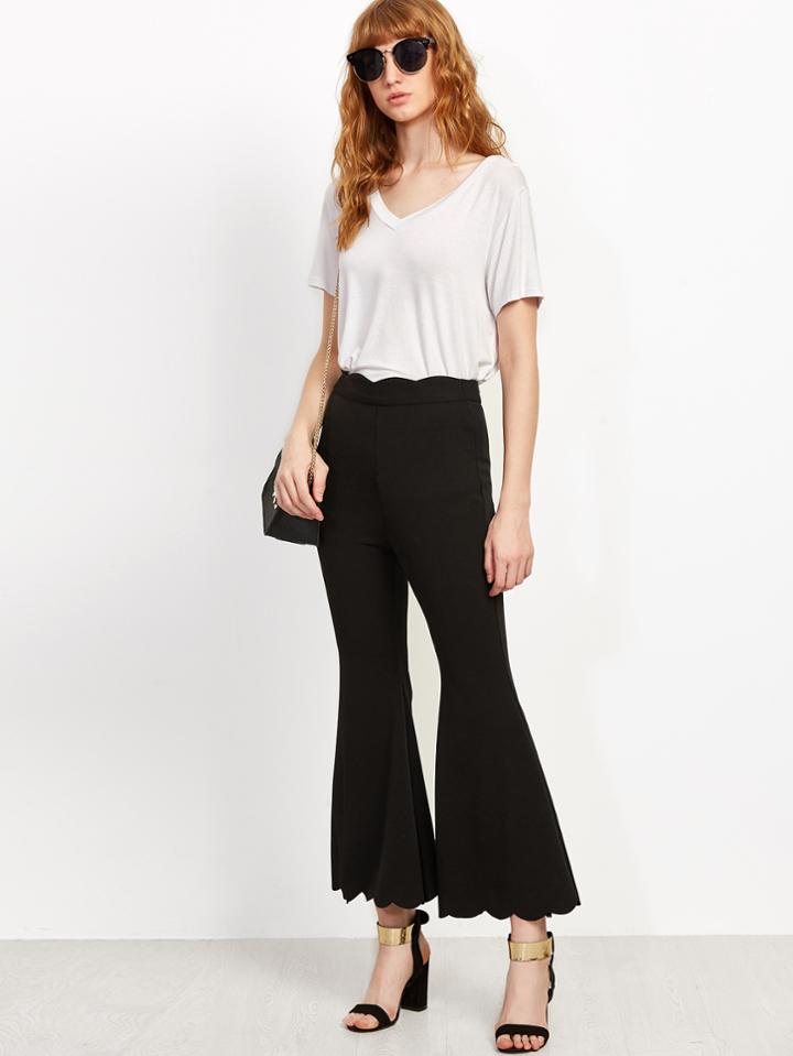 Shein Black Scalloped Trim Flared Pants
