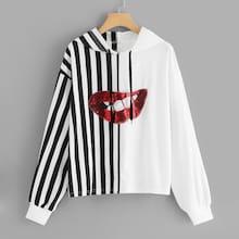 Shein Plus Contrast Sequin Striped Hooded Sweatshirt