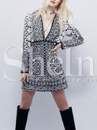 Shein Multicolor Long Sleeve Deep V Neck Vintage Print Dress