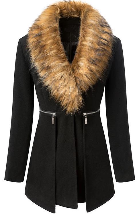 Shein Black Fur Collar Long Sleeve Zipper Woolen Coat