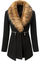 Shein Black Fur Collar Long Sleeve Zipper Woolen Coat