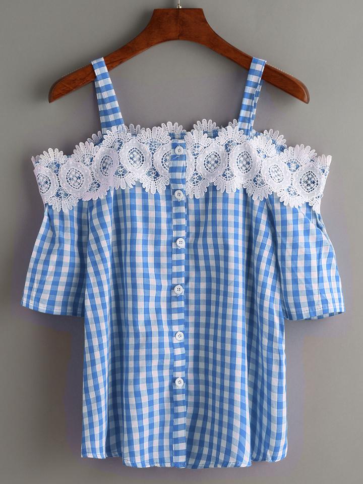 Shein Blue Checkerboard Lace Cold Shoulder Blouse