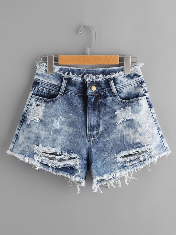 Shein Cloud Wash Destroyed Denim Shorts