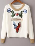 Shein White Bird Embroidery Contrast Trim Sweater