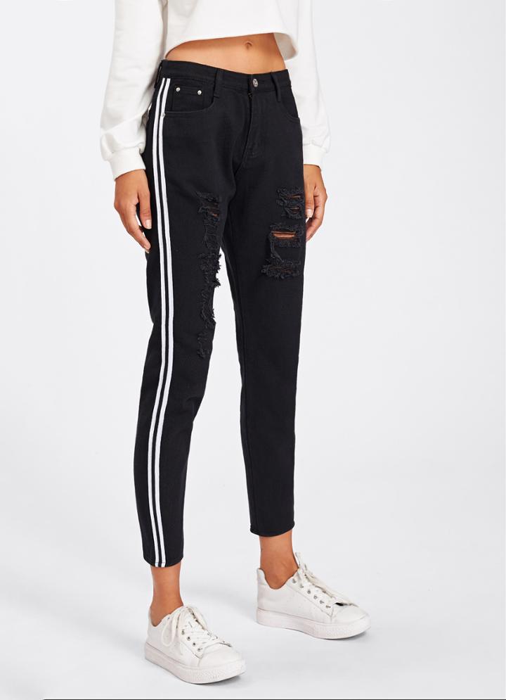 Shein Contrast Stripe Ripped Jeans