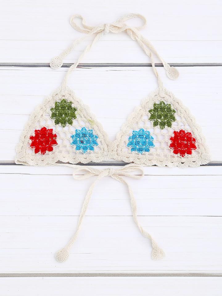 Shein Beige Hollow Out Crochet Halter Top