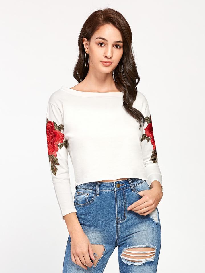 Shein Embroidered Appliques Raw Hem Crop Tee