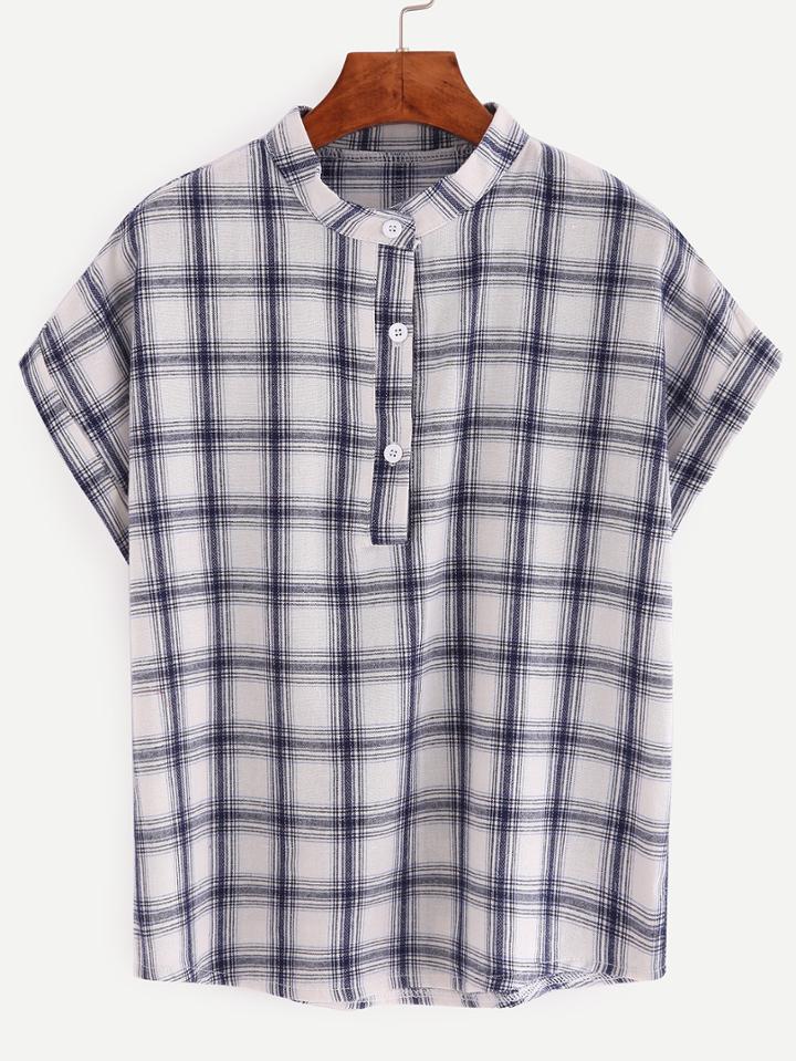Shein Band Collar Buttoned Front Navy Plaid Blouse