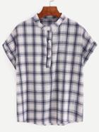 Shein Band Collar Buttoned Front Navy Plaid Blouse