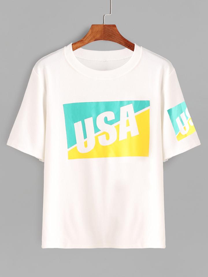 Shein White Letter Print Round Neck T-shirt