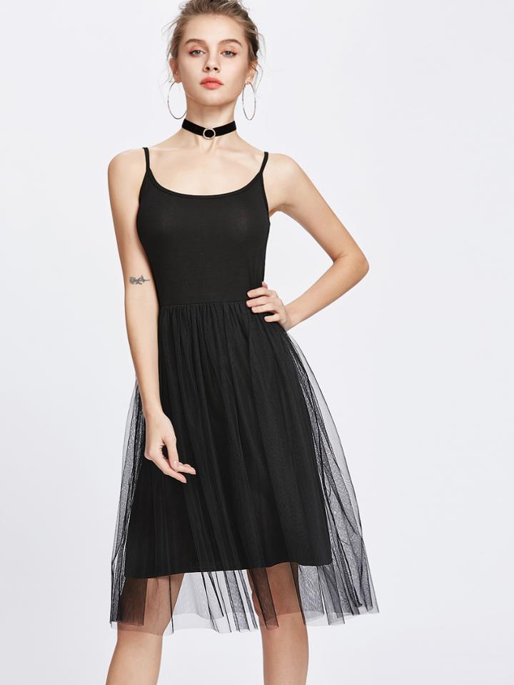 Shein Black Sheer Mesh Layered Slip Dress