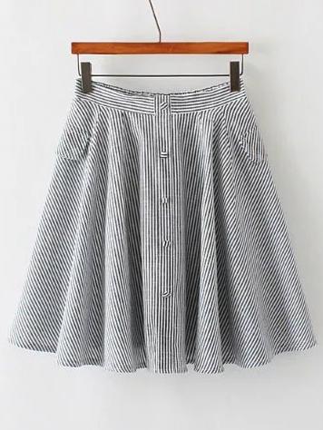 Shein Grey Stripe Single Breasted Pleated Skirt