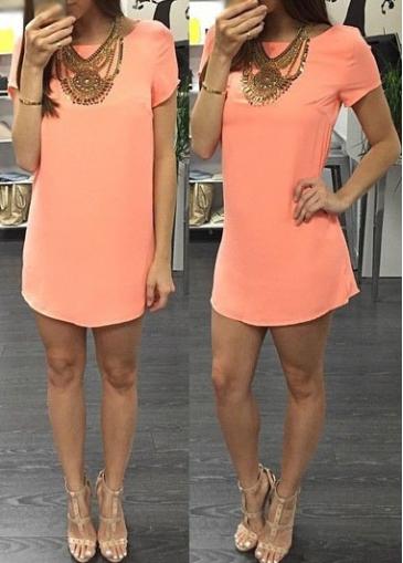 Rosewe Short Sleeve Orange Pink Shift Dress